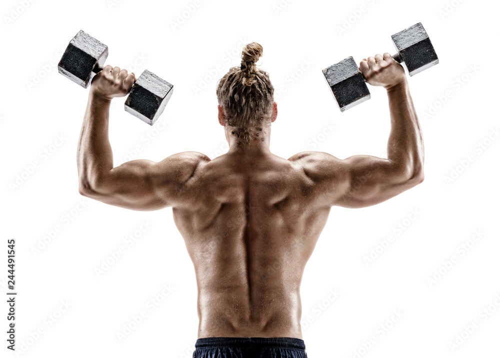 Strong back of muscular man working with dumbbells. Photo of sporty man shirtless isolated on white background. Strength and motivation.