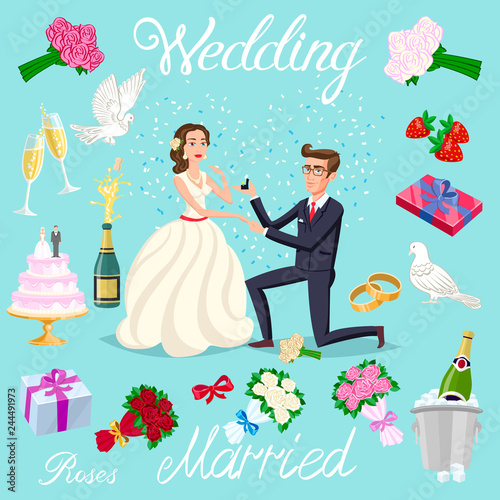 set vector wedding just married couple with hearts avatars characters. roses flowers champagne cake newlyweds pigeons gifts rings strawberry bow ice bubbles