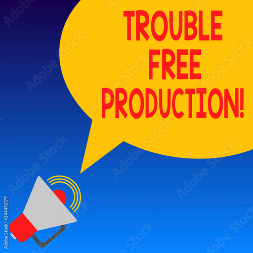 Handwriting text Trouble Free Production. Concept meaning Without problems or difficulties in the production Megaphone with Sound Volume Icon and Blank Color Speech Bubble photo photo