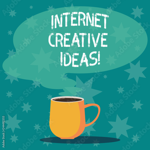 Handwriting text writing Internet Creative Ideas. Concept meaning ability to make new things or think of new ideas Mug photo Cup of Hot Coffee with Blank Color Speech Bubble as Steam icon
