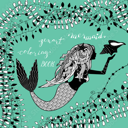 silhouette of mermaid holding conch shell and hand lettering zenart mermaid coloring book