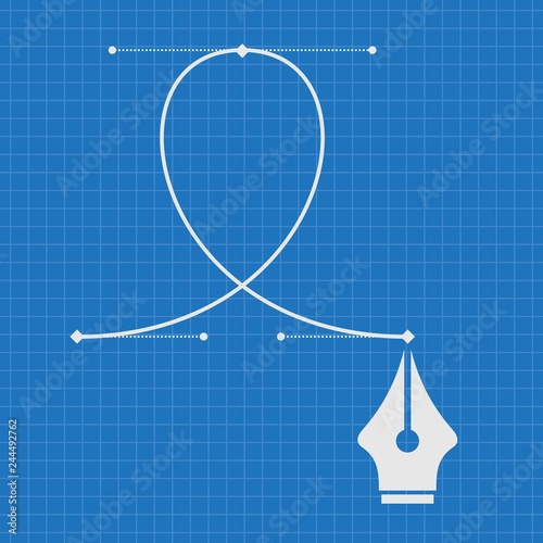 Blueprint of Pen tool cursor and curve control points. Vector illustration