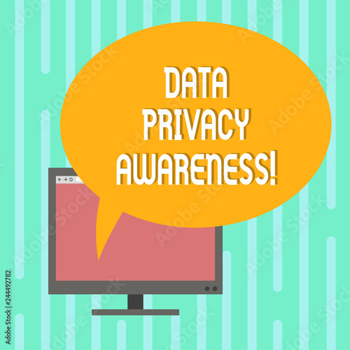 Word writing text Data Privacy Awareness. Business concept for Respecting privacy and protect what we share online Mounted Computer Monitor Blank Screen with Oval Color Speech Bubble