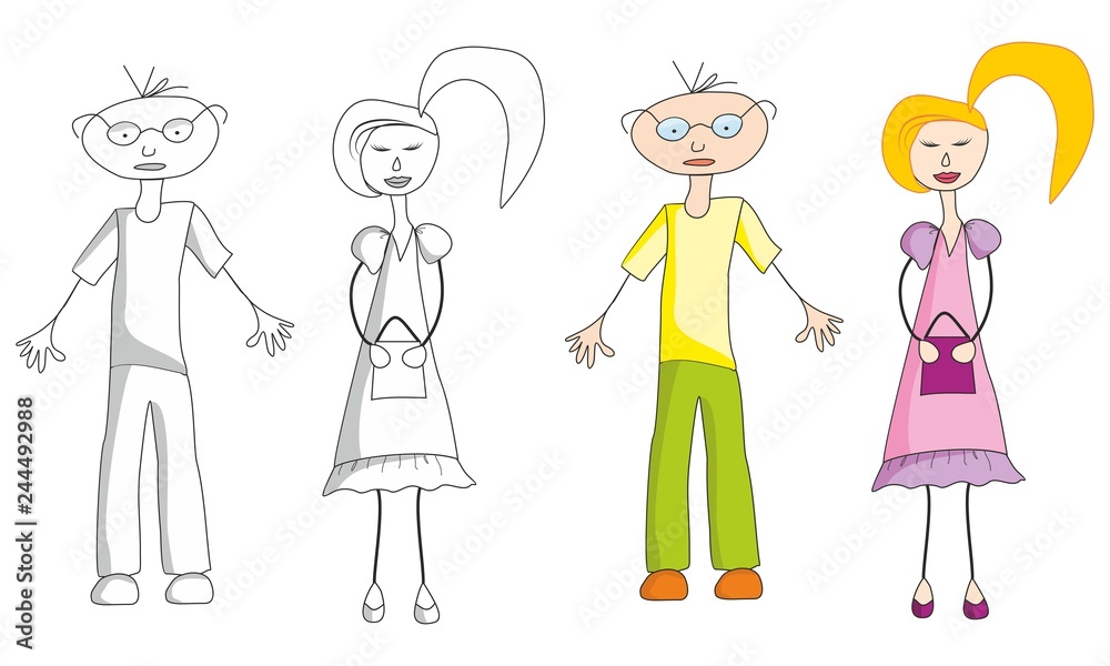 The guy in the glasses and the girl with the handbag black and white and color drawing The guy in the glasses and the girl with the handbag black and white and color drawing