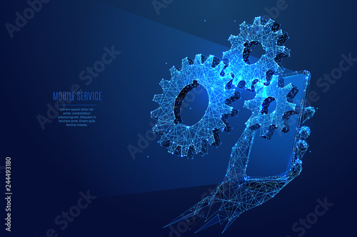 gearing and phone in hand low poly blue