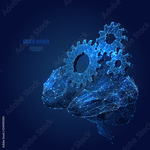 gears and brain low poly blue