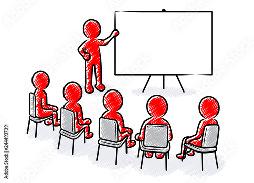 Business presentation: Speaker points to a blank white flipchart in front of a sitting spectators / Hatched vector drawing 