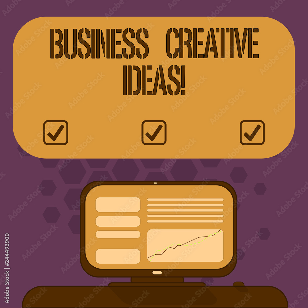 Handwriting text Business Creative Ideas. Concept meaning Concept that can be used for financial gain Mounted Computer Screen with Line Graph on Desk Blank Color Text Box Handwriting text Business Creative Ideas. Concept meaning Concept that can be used for financial gain Mounted Computer Screen with Line Graph on Desk Blank Color Text Box