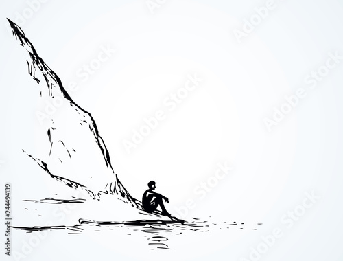Firs on hill above river. Vector drawing
