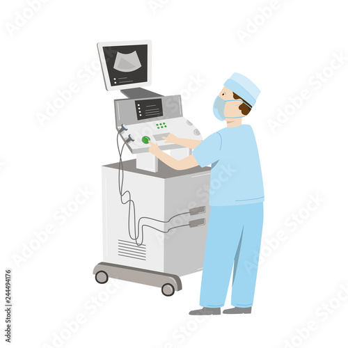 Medical equipment maintenance. An engineer repair ultrasound machine. Vector illustration isolated on white