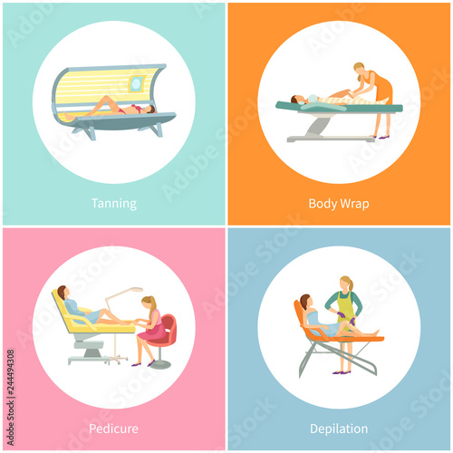 Tanning and Body Wrap Wrapping in Salon Set Vector