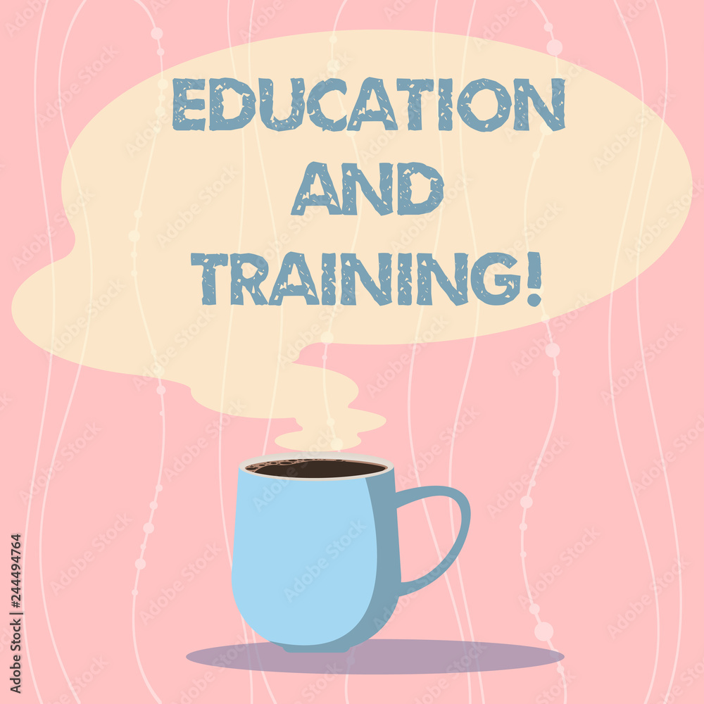 Word writing text Education And Training. Business concept for acquisition of knowledge and skills thru training Mug photo Cup of Hot Coffee with Blank Color Speech Bubble as Steam icon Word writing text Education And Training. Business concept for acquisition of knowledge and skills thru training Mug photo Cup of Hot Coffee with Blank Color Speech Bubble as Steam icon