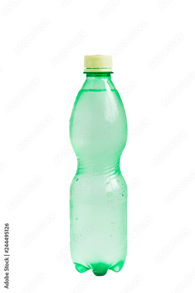 Green blank bottle of water isolated on white background. Water in glass bottle. Green blank bottle of water isolated on white background. Water in glass bottle.