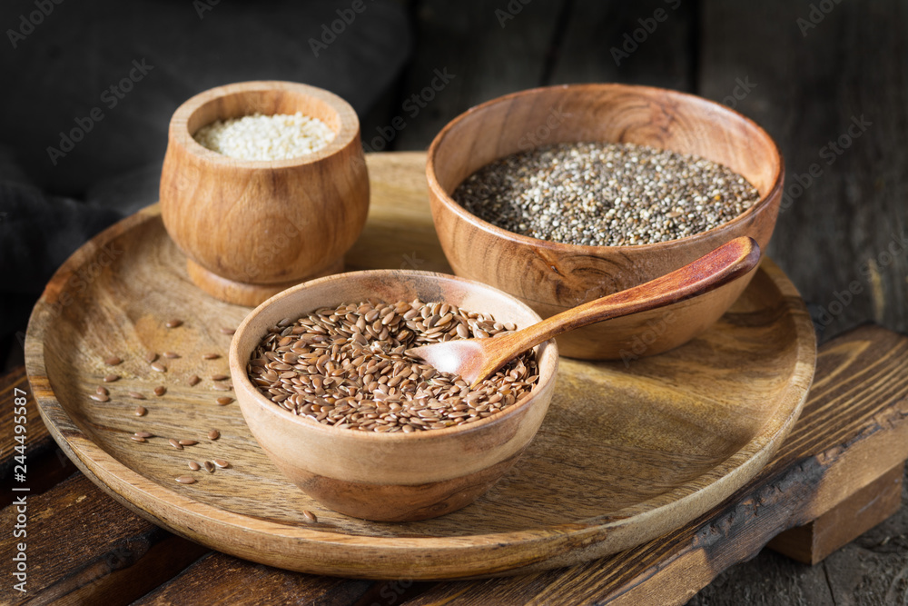 Flax, Chia and sesame seeds. Organic food for health. rustic style