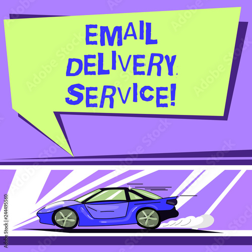 Word writing text Email Delivery Service. Business concept for email marketing platform or tools in sending messages Car with Fast Movement icon and Exhaust Smoke Blank Color Speech Bubble