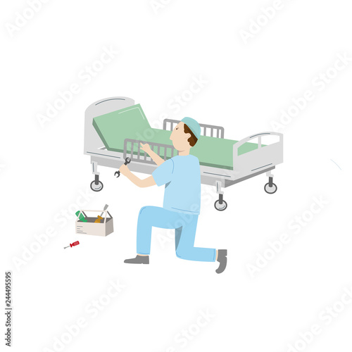 Medical equipment maintenance. An technician repair hospital bed. Vector illustration isolated on white