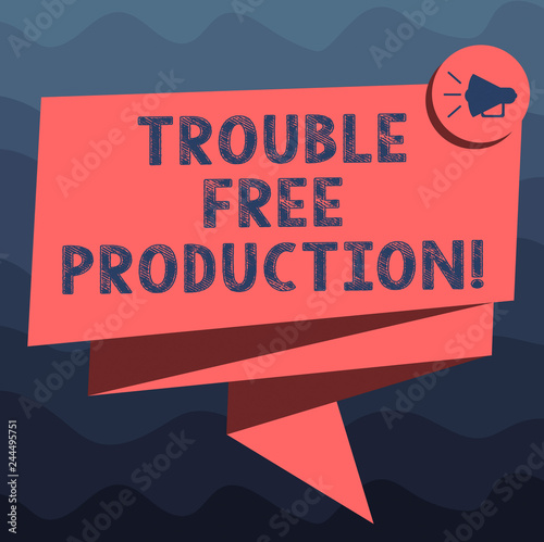 Writing note showing Trouble Free Production. Business photo showcasing Without problems or difficulties in the production Folded 3D Ribbon Sash Megaphone Speech Bubble photo for Celebration photo