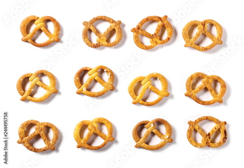 Salty cracker pretzel party mix, set and collection isolated on white background, top view