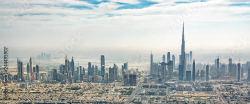 Panoramic aerial view of Dubai skyline, United Arab Emirates