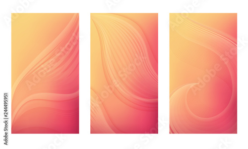 Set of vertical abstract gradient backgrounds with wavy blurred shapes. Screen wallpaper template is soft coral color. Vector illustration.