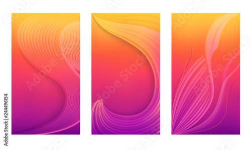 Set of vertical abstract color backgrounds with wavy blurred shapes. Screen wallpaper template is vibrant orange to purple gradient. Vector illustration.
