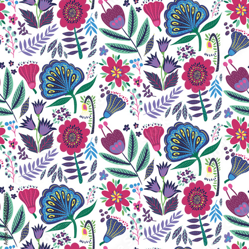 Lovely bright abstract rustic folk art herbal floral pattern of hand drawn flowers with green leaves vector illustration. Perfect for greetings card, textile, fabric, wallpapers, banners, phone case