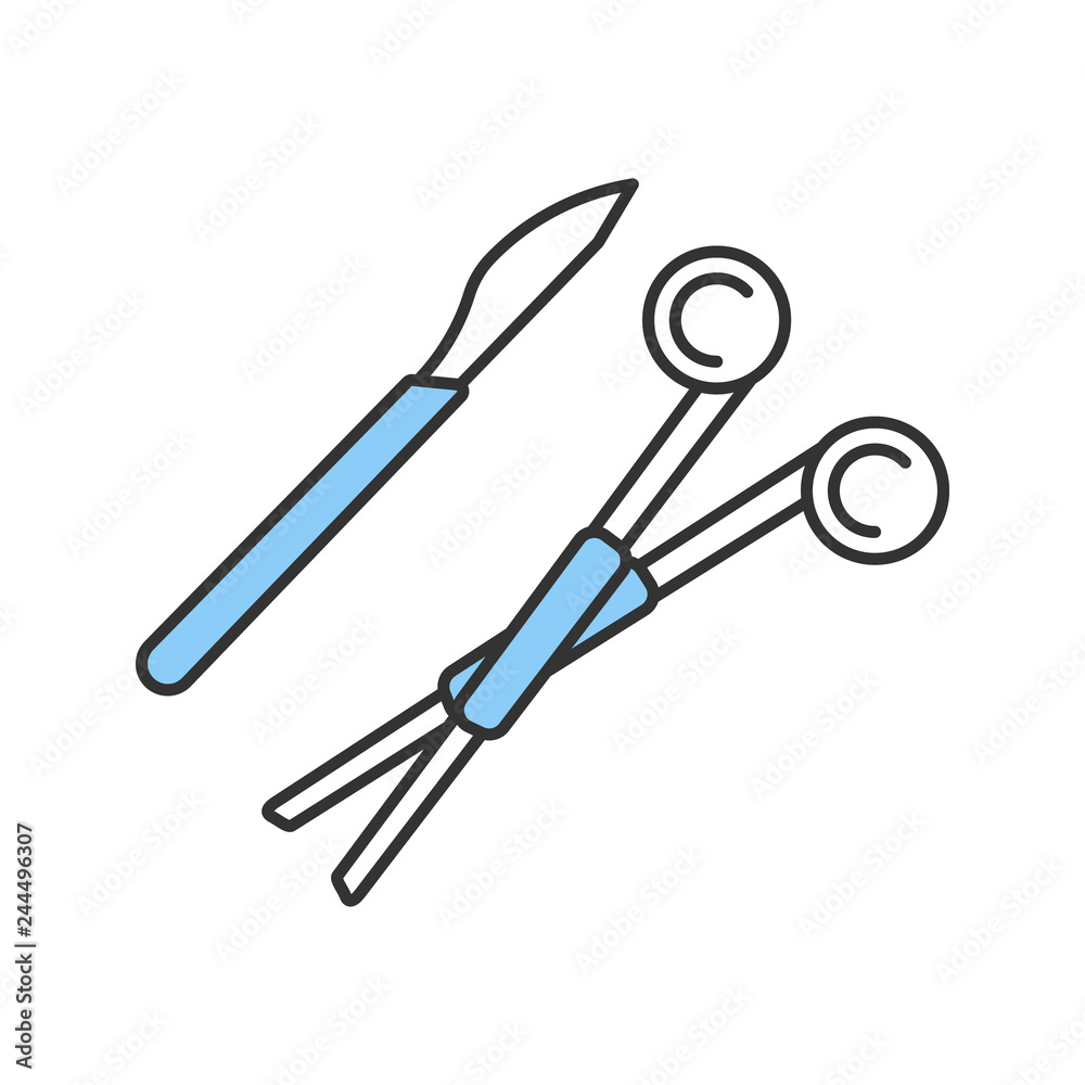 Surgical scalpel and clamp color icon