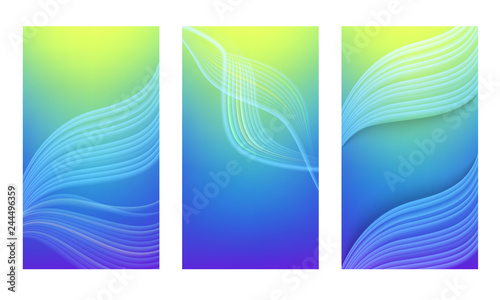 Set of vertical abstract color backgrounds with wavy blurred shapes. Screen wallpaper template is vibrant yellow to blue gradient. Vector illustration.
