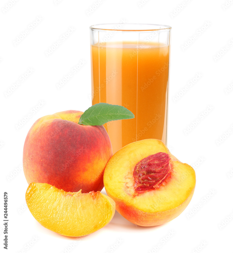 glass of peach juice with peach fruit and slices isolated on white background. glass of peach juice with peach fruit and slices isolated on white background.