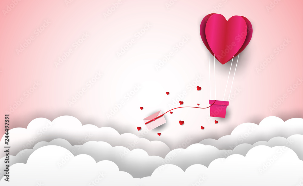 Heart balloon with letters and Valentine's Day pink background and clouds.