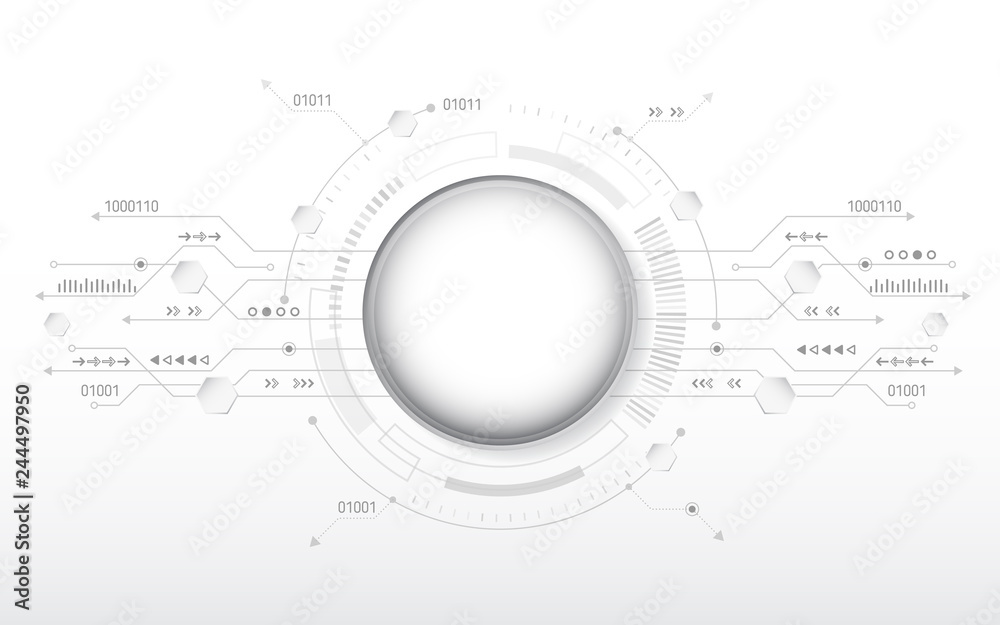 Hi-tech computer digital technology concept. Abstract technology communication vector illustration. Grey background with various technological elements.