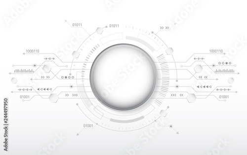 Hi-tech computer digital technology concept. Abstract technology communication vector illustration. Grey background with various technological elements.