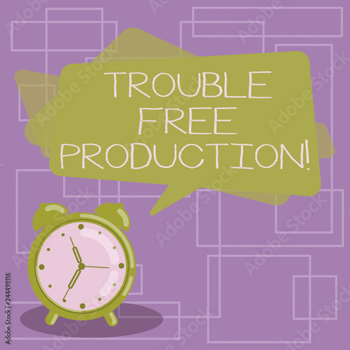 Text sign showing Trouble Free Production. Conceptual photo Without problems or difficulties in the production Blank Rectangular Color Speech Bubble Overlay and Analog Alarm Clock photo