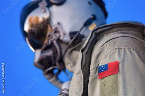 Air force pilot flight suit uniform with Samoa flag patch. Military jet aircraft pilot 