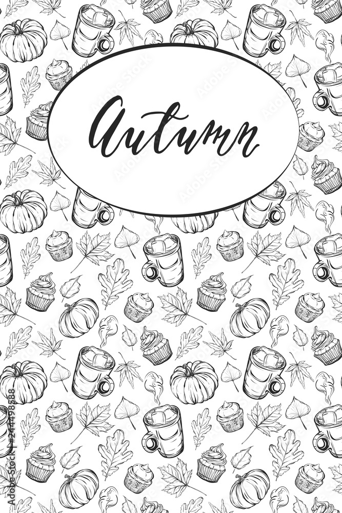 Postcard on autumn theme,vector illustration,retro,handmade,leaves,pumpkins,cocoa,cupcakes,Coloring book page design for kids and adults