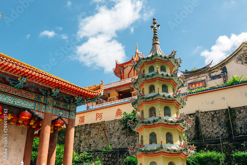 Kek Lok Si buddhist temple with Chinese New Year decorations for the celebration of the lunar new year. Kek Lok Si Temple is a popular tourist attraction in Air Itam on Penang Island in Malaysia.