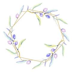Olive watercolor background illustration set. Green leaf. Leaf plant botanical foliage. Frame border ornament square.