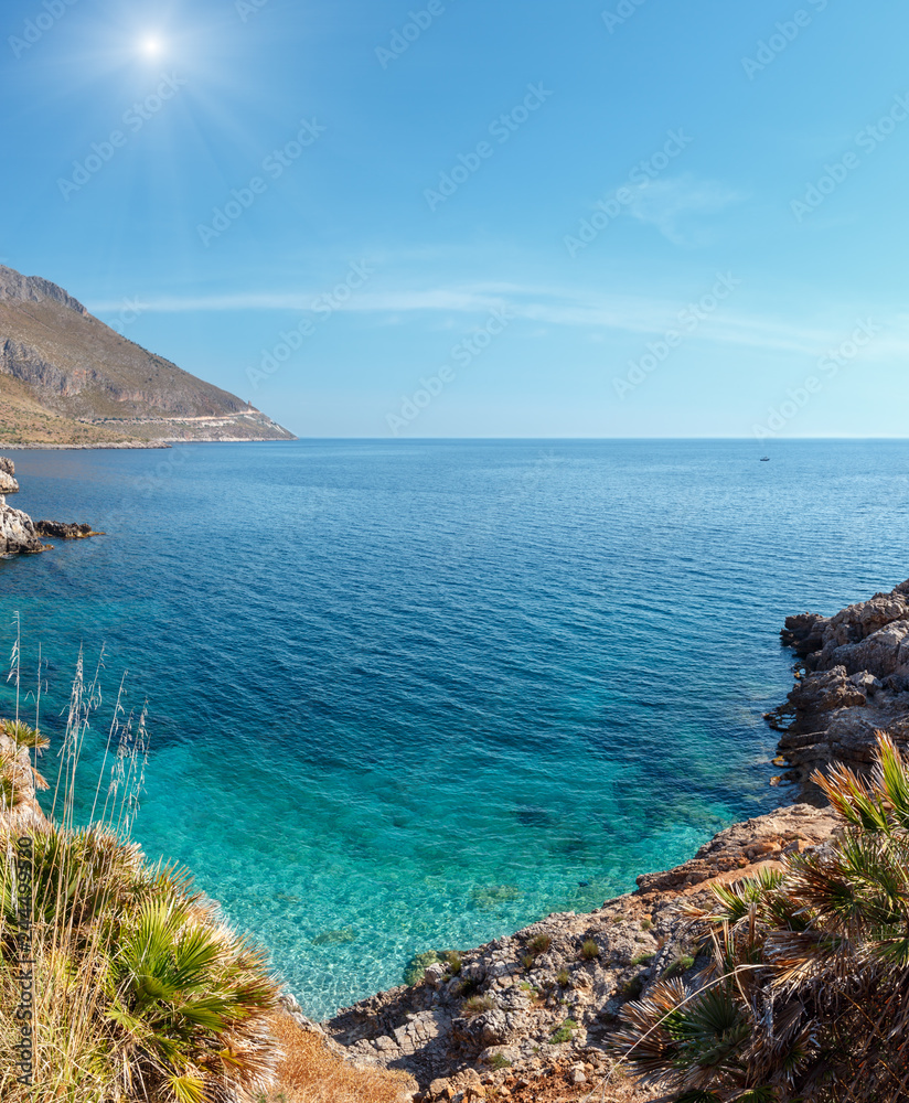 Sunshiny sea bay in Zingaro Park, Sicily, Italy