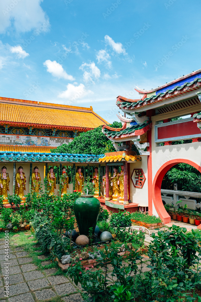 Kek Lok Si buddhist temple with Chinese New Year decorations for the celebration of the lunar new year. Kek Lok Si Temple is a popular tourist attraction in Air Itam on Penang Island in Malaysia.