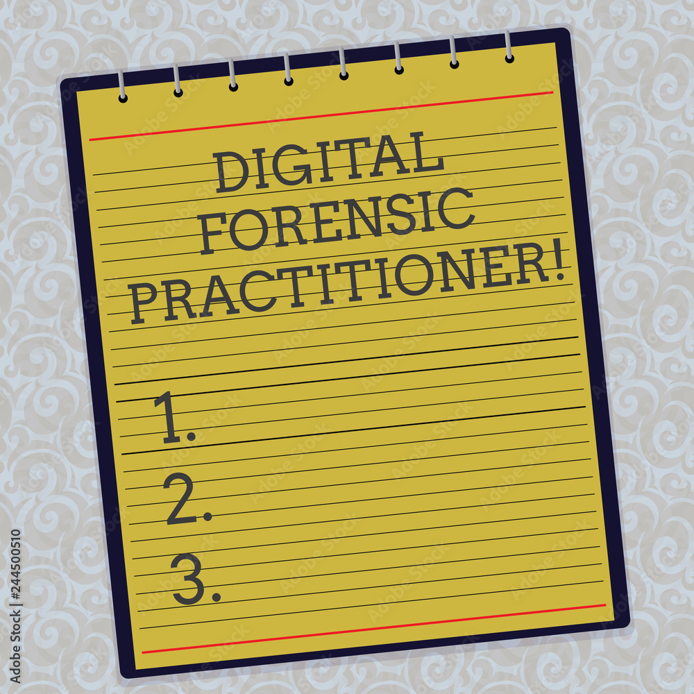 Handwriting text Digital Forensic Practitioner. Concept meaning Specialist  in investigating computer crime Lined Spiral Top Color Notepad photo on  Watermark Printed Background Stock Illustration