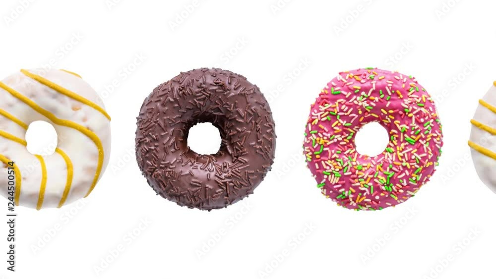 Donuts colorful animation isolated on a white background. Moving Doughnuts seamless loop.