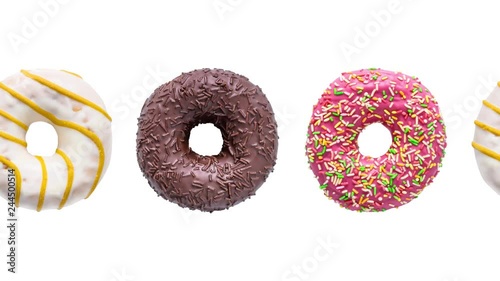Donuts colorful animation isolated on a white background. Moving Doughnuts seamless loop.