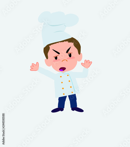 Chef argues something with a gesture of discontent.