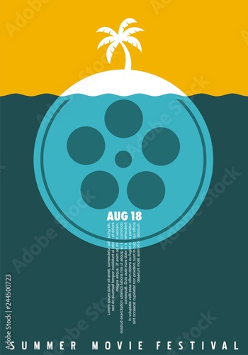 Summer movie festival simple minimalist poster concept with film reel  and palm tree on tropical island. Film and cinema flyer. Symbolic vector illustration.