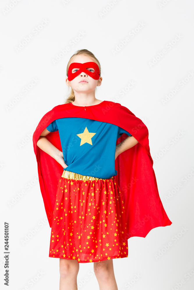 pretty blonde supergirl with red mask and red cape