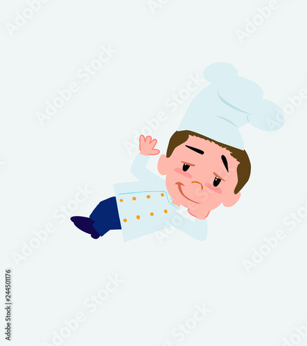 Chef lying, greets with a dreamy expression.