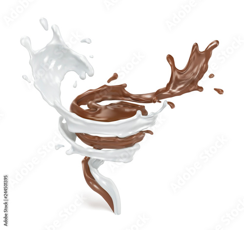 Splash of milk and chocolate. Vector realistic illustration on white background.