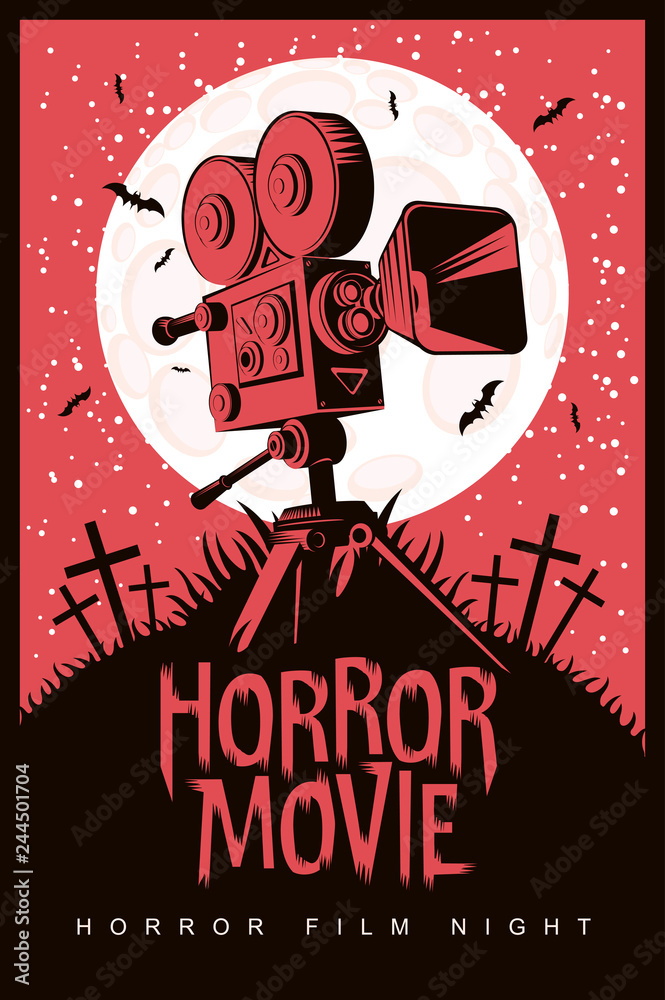 Fototapeta premium Vector poster for a festival of horror movie with an old film projector on a cemetery on a moonlit night. Scary cinema. Can be used for ad, banner, flyer, web design