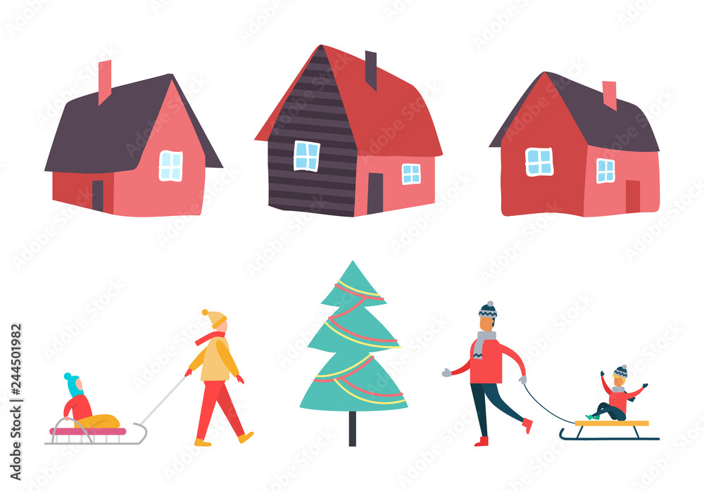 Winter Activities People and Houses Set Vector Winter Activities People and Houses Set Vector