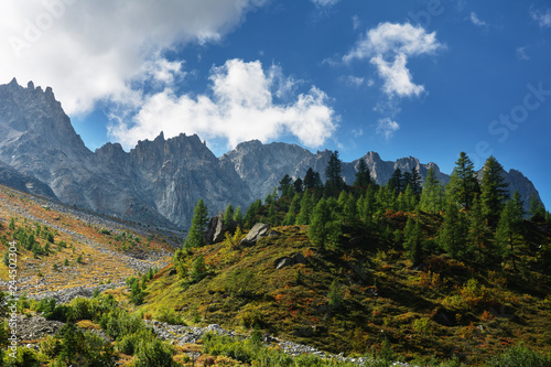 Landscapes of the Swiss alpine mountains against the background of a blue sky with small clouds.